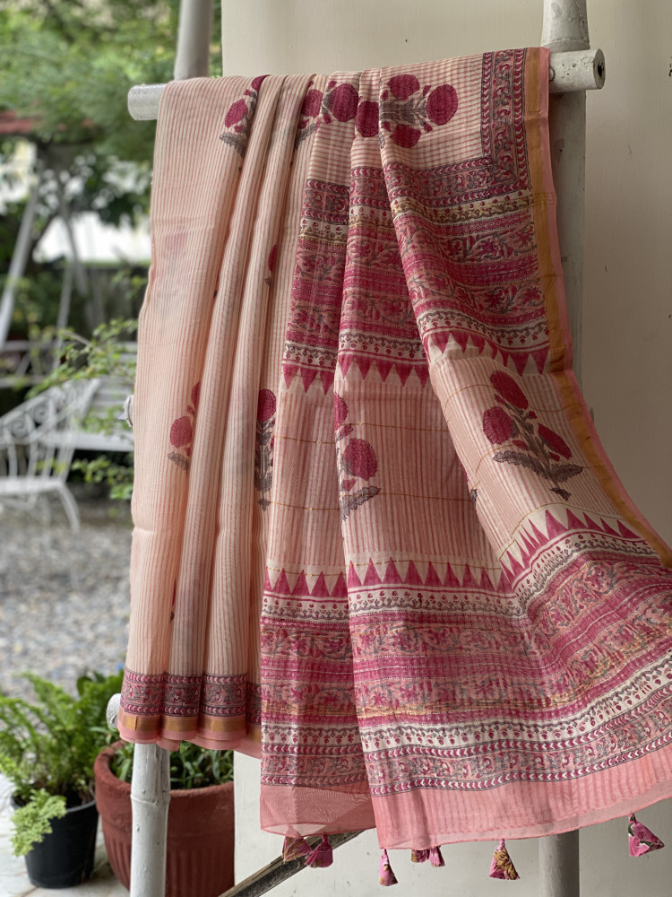 Image of PINK-OFF WHITE HAND BLOCK PRINT CHANDERI SILK COTTON SARI