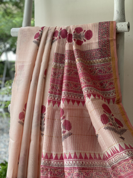 PINK-OFF WHITE HAND BLOCK PRINT CHANDERI SILK COTTON SARI