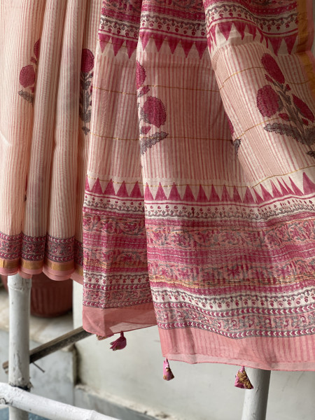 PINK-OFF WHITE HAND BLOCK PRINT CHANDERI SILK COTTON SARI