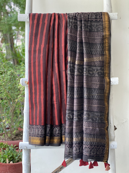 MAROON HAND BLOCK PRINT CHANDERI SILK COTTON SARI