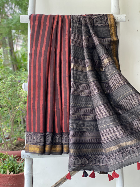 MAROON HAND BLOCK PRINT CHANDERI SILK COTTON SARI