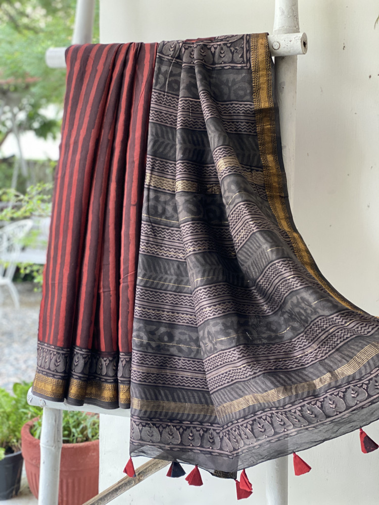 Image of MAROON HAND BLOCK PRINT CHANDERI SILK COTTON SARI