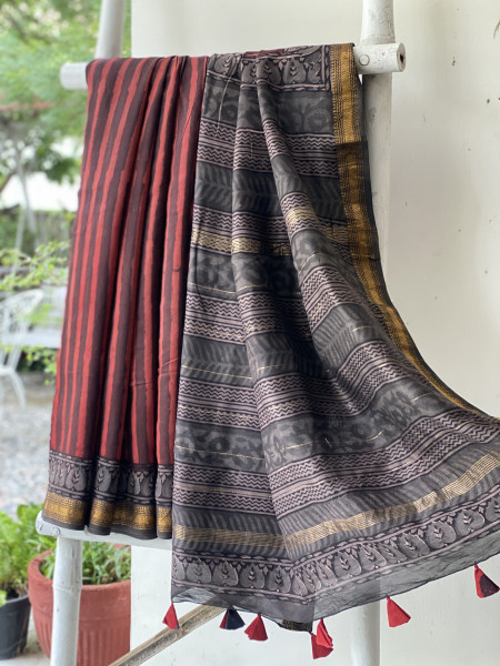 MAROON HAND BLOCK PRINT CHANDERI SILK COTTON SARI