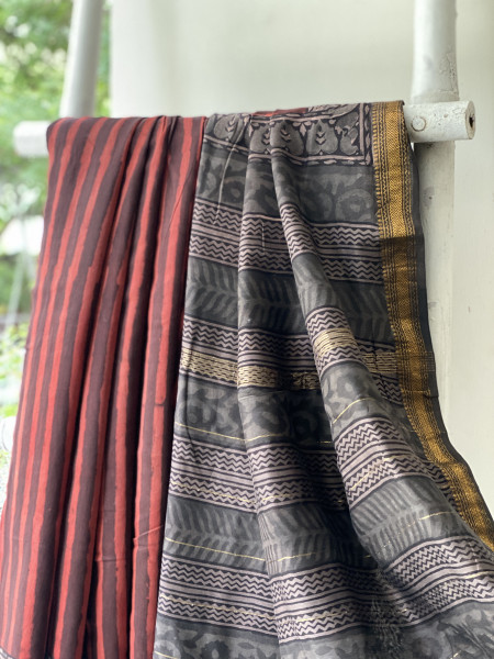 MAROON HAND BLOCK PRINT CHANDERI SILK COTTON SARI