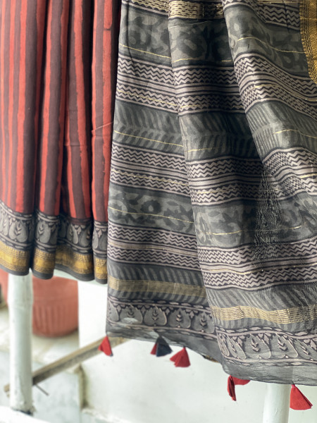 MAROON HAND BLOCK PRINT CHANDERI SILK COTTON SARI