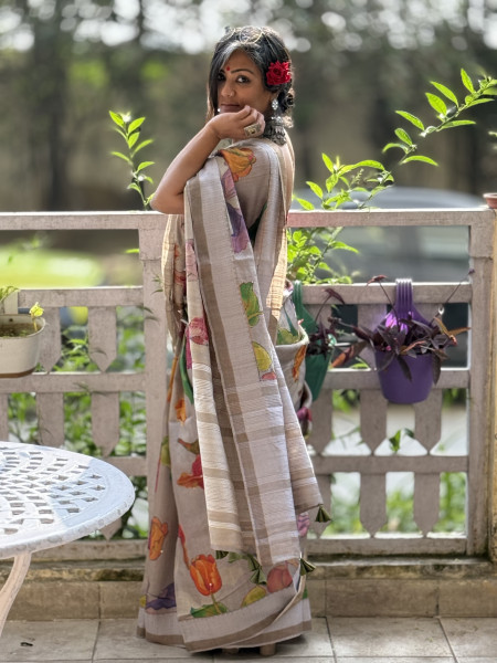 GREY PRINTED KANTHA EMBROIDERED TUSSAR SILK SARI