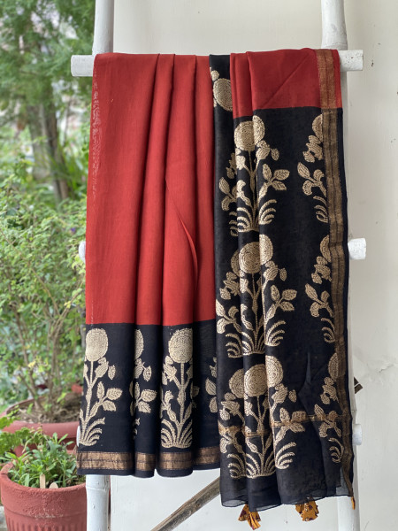 RUST-MAROON HAND BLOCK PRINT CHANDERI SILK COTTON SARI