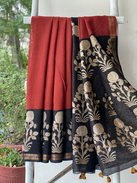 RUST-MAROON HAND BLOCK PRINT CHANDERI SILK COTTON SARI