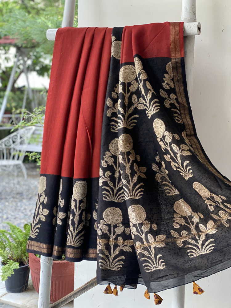 Image of RUST-MAROON HAND BLOCK PRINT CHANDERI SILK COTTON SARI