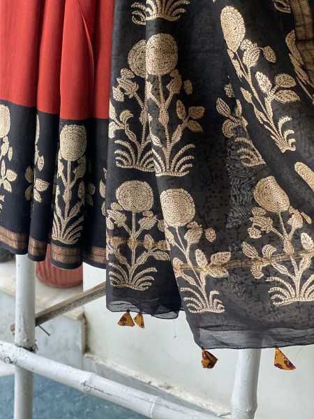 RUST-MAROON HAND BLOCK PRINT CHANDERI SILK COTTON SARI