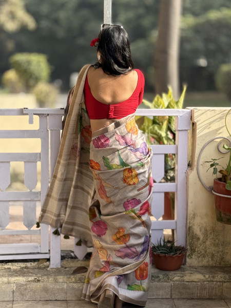 GREY PRINTED KANTHA EMBROIDERED TUSSAR SILK SARI