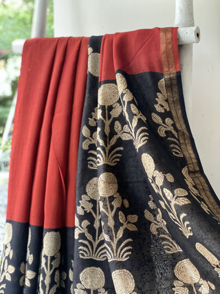 RUST-MAROON HAND BLOCK PRINT CHANDERI SILK COTTON SARI