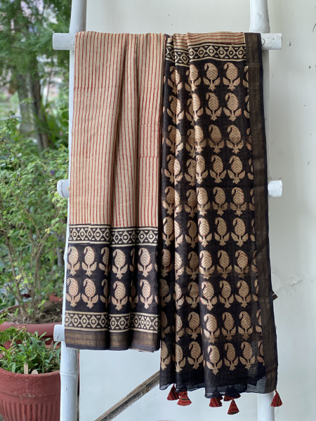 BEIGE HAND BLOCK PRINT CHANDERI SILK COTTON SARI