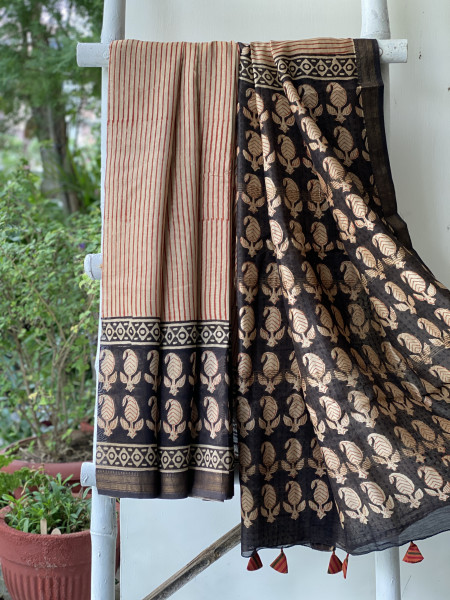 BEIGE HAND BLOCK PRINT CHANDERI SILK COTTON SARI