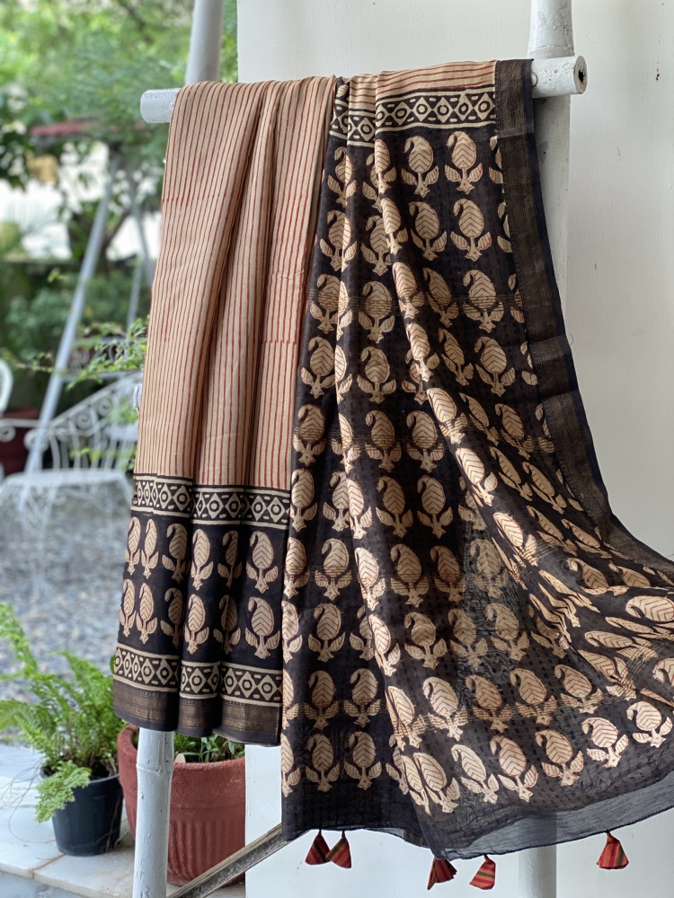 Image of BEIGE HAND BLOCK PRINT CHANDERI SILK COTTON SARI