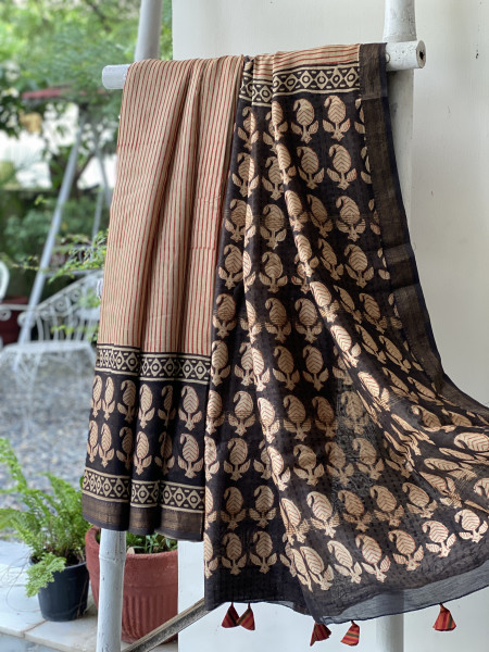 BEIGE HAND BLOCK PRINT CHANDERI SILK COTTON SARI