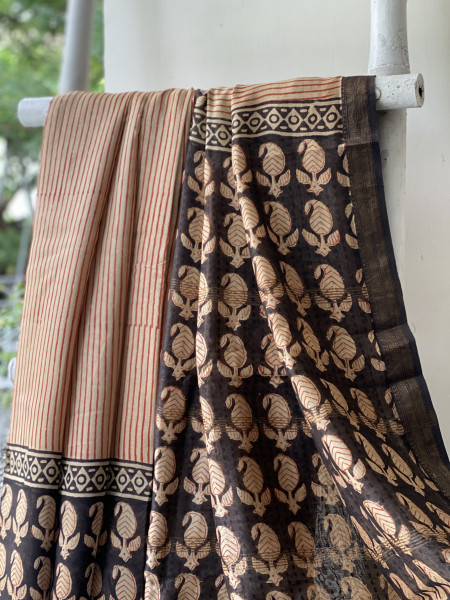 BEIGE HAND BLOCK PRINT CHANDERI SILK COTTON SARI