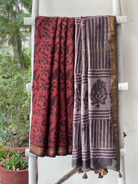 MAROON HAND BLOCK PRINT CHANDERI SILK COTTON SARI