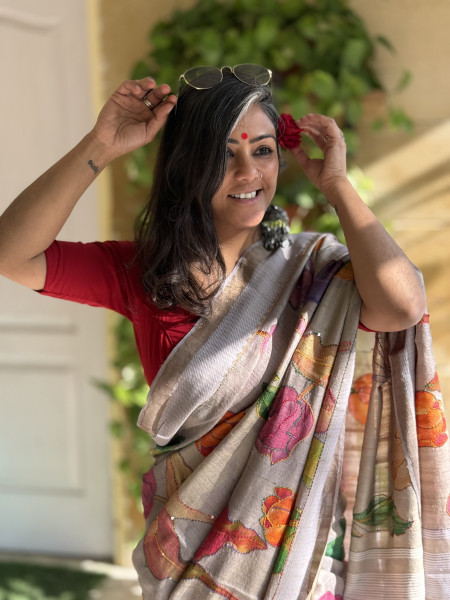 GREY PRINTED KANTHA EMBROIDERED TUSSAR SILK SARI