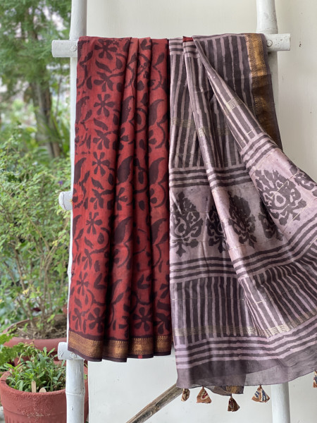 MAROON HAND BLOCK PRINT CHANDERI SILK COTTON SARI