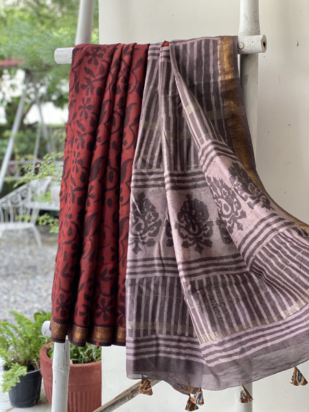 MAROON HAND BLOCK PRINT CHANDERI SILK COTTON SARI