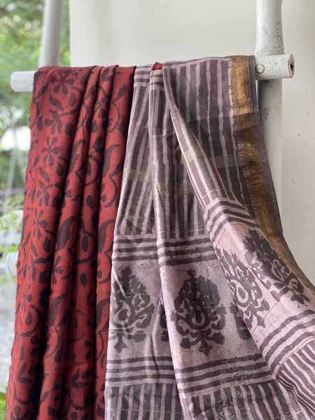 MAROON HAND BLOCK PRINT CHANDERI SILK COTTON SARI