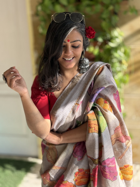 GREY PRINTED KANTHA EMBROIDERED TUSSAR SILK SARI