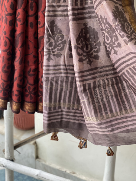 MAROON HAND BLOCK PRINT CHANDERI SILK COTTON SARI