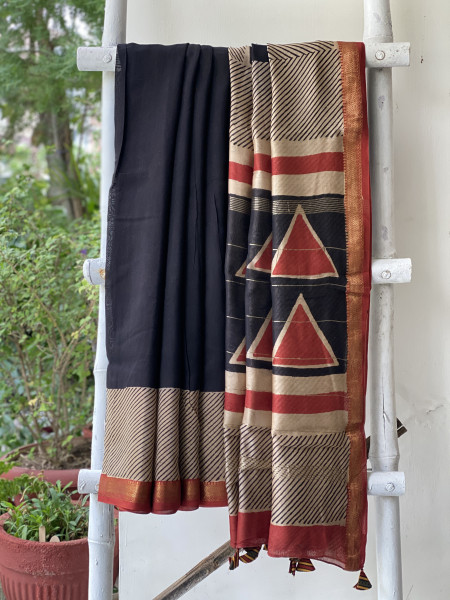 BLACK HAND BLOCK PRINT CHANDERI SILK COTTON SARI