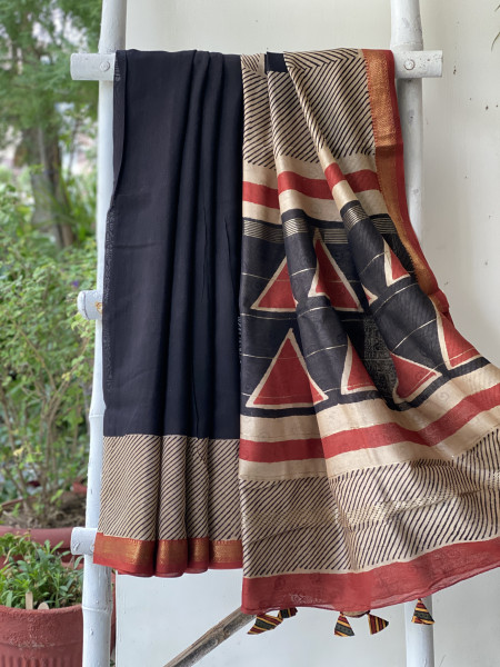 BLACK HAND BLOCK PRINT CHANDERI SILK COTTON SARI