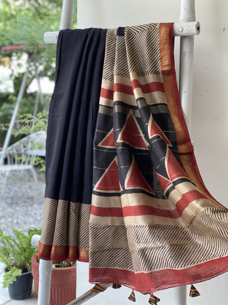 BLACK HAND BLOCK PRINT CHANDERI SILK COTTON SARI