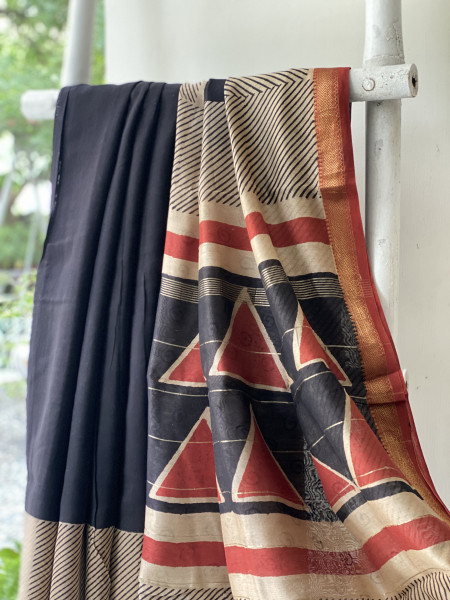 BLACK HAND BLOCK PRINT CHANDERI SILK COTTON SARI