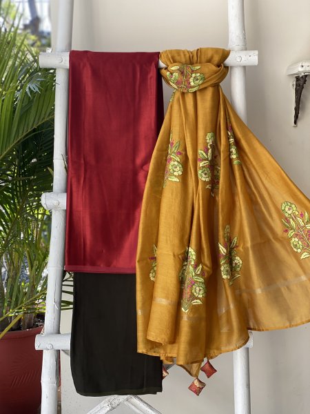 MAROON-MUSTARD HAND EMBROIDERED CHANDERI SILK & COTTON dupatta Set