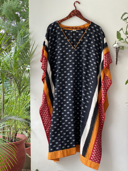 BLACK WOVEN IKKAT COTTON KAFTAN
