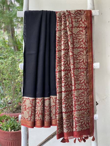 BLACK HAND BLOCK PRINT CHANDERI SILK COTTON SARI