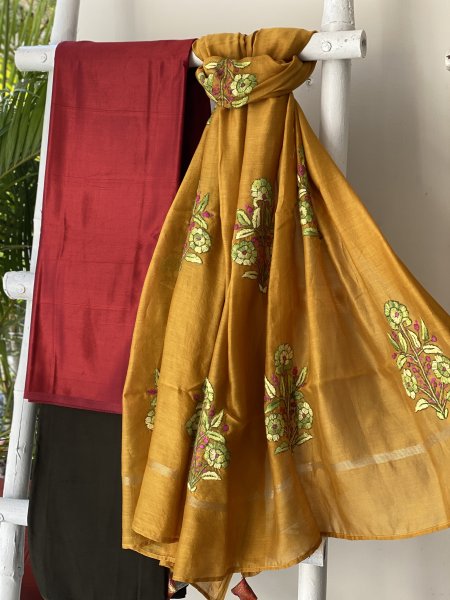 MAROON-MUSTARD HAND EMBROIDERED CHANDERI SILK & COTTON dupatta Set