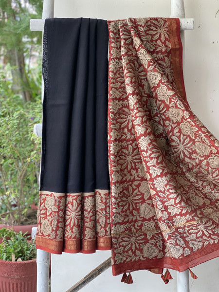 BLACK HAND BLOCK PRINT CHANDERI SILK COTTON SARI