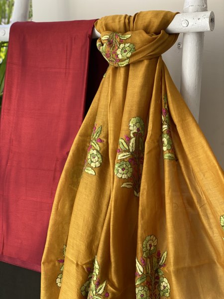MAROON-MUSTARD HAND EMBROIDERED CHANDERI SILK & COTTON dupatta Set