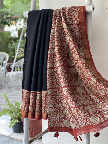 BLACK HAND BLOCK PRINT CHANDERI SILK COTTON SARI