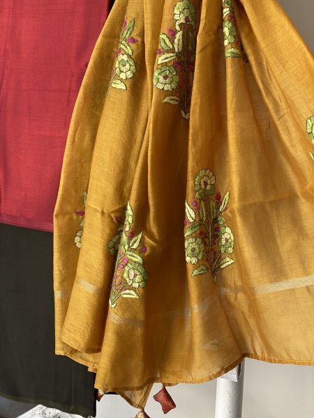 MAROON-MUSTARD HAND EMBROIDERED CHANDERI SILK & COTTON dupatta Set