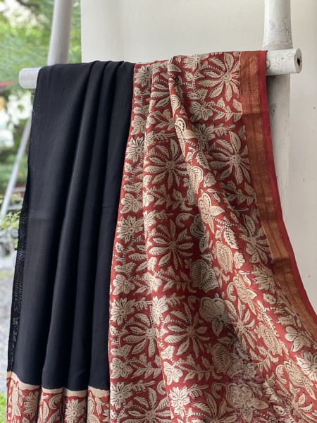 BLACK HAND BLOCK PRINT CHANDERI SILK COTTON SARI