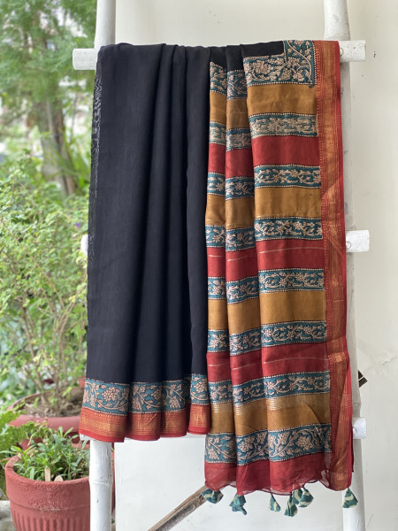 BLACK HAND BLOCK PRINT CHANDERI SILK COTTON SARI