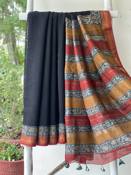 BLACK HAND BLOCK PRINT CHANDERI SILK COTTON SARI