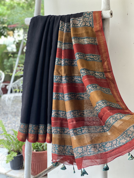 BLACK HAND BLOCK PRINT CHANDERI SILK COTTON SARI