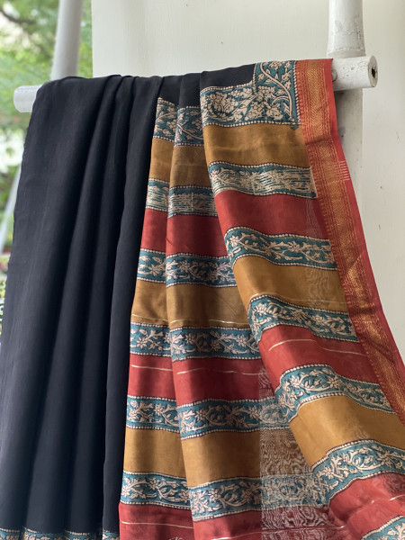 BLACK HAND BLOCK PRINT CHANDERI SILK COTTON SARI