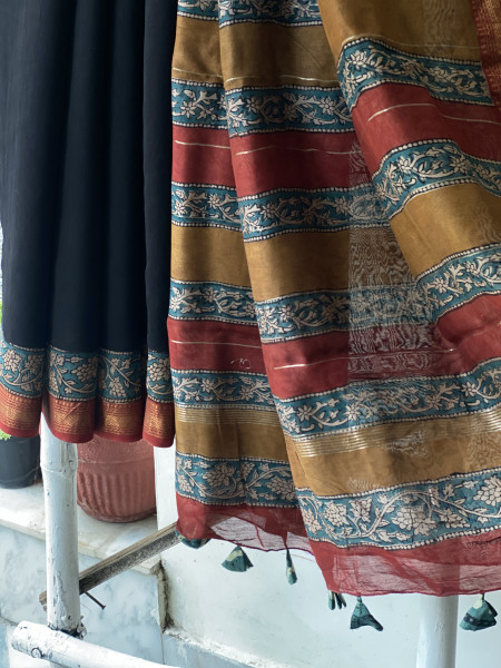 BLACK HAND BLOCK PRINT CHANDERI SILK COTTON SARI