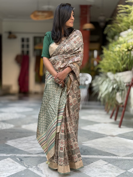 BEIGE-MINT GREEN PRINTED TUSSAR SILK SARI