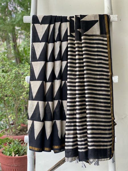 BLACK-OFF WHITE HAND BLOCK PRINT CHANDERI SILK COTTON SARI