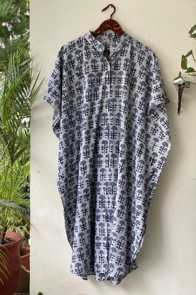 GREY HAND BLOCK PRINT COTTON KAFTAN
