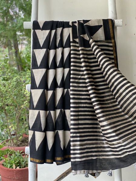 BLACK-OFF WHITE HAND BLOCK PRINT CHANDERI SILK COTTON SARI